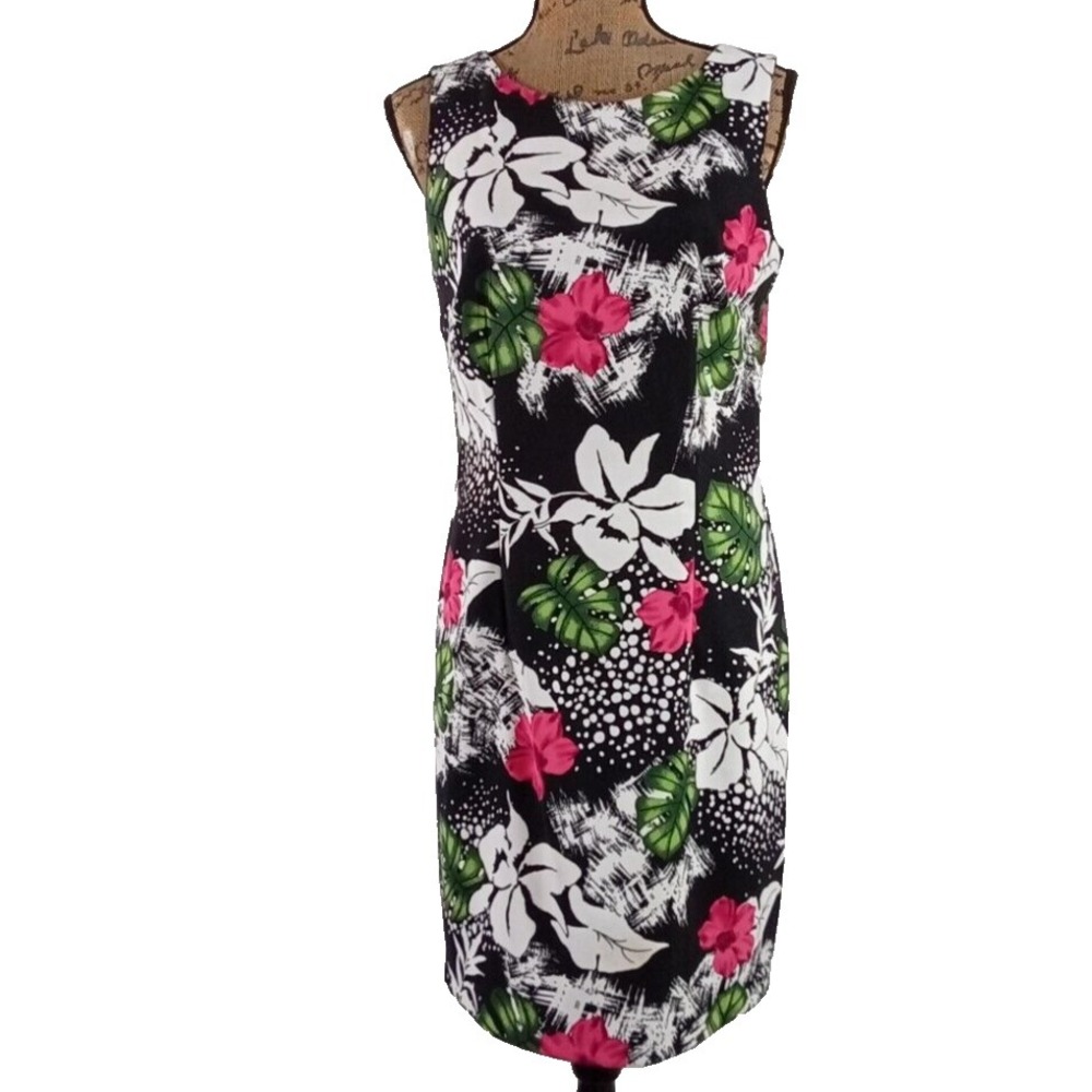 IN STUDIO Dress 10 Black Pink Floral Print Sleeveless Sheath Zip Business Casual